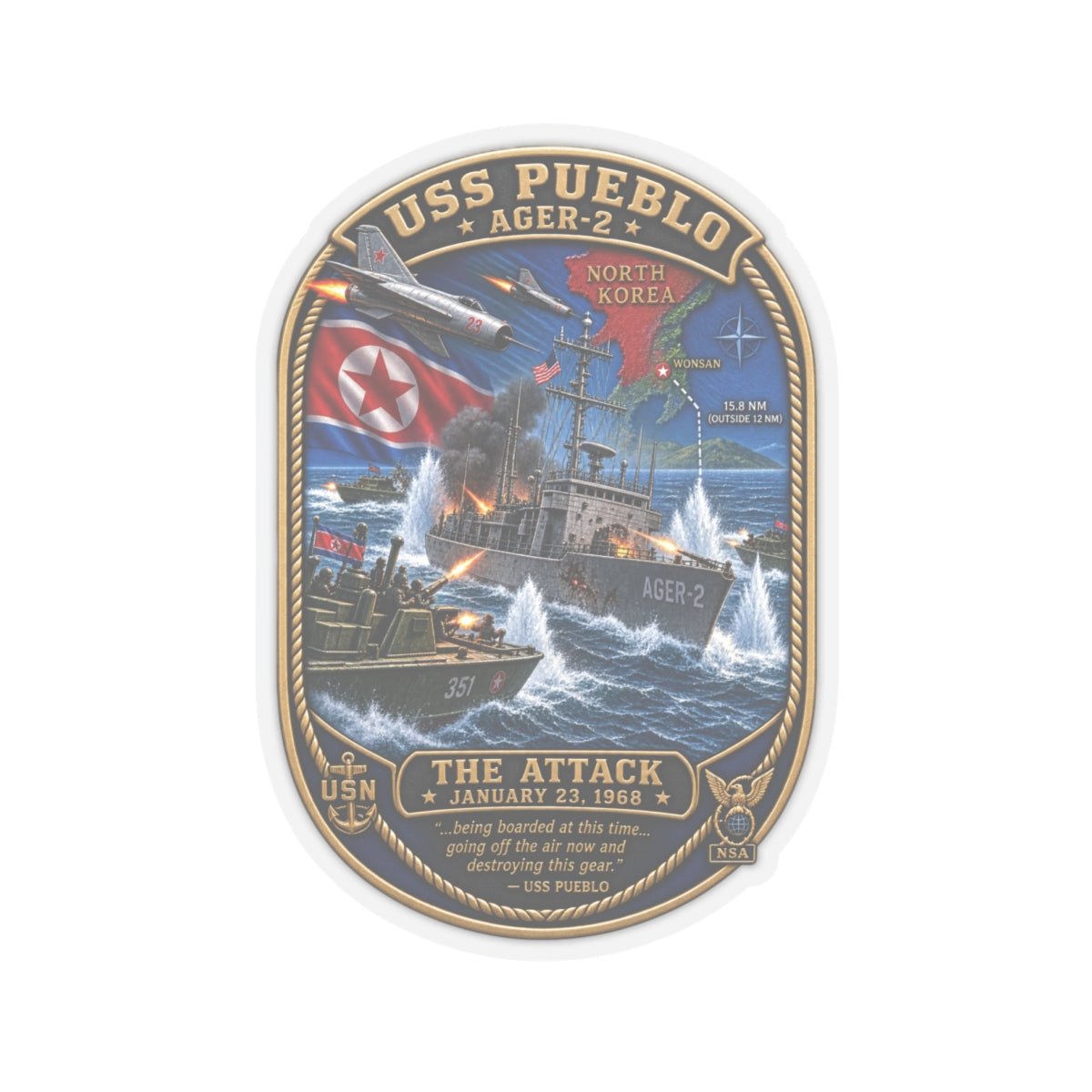 Kiss-Cut Stickers - USS Pueblo Attack-Defense Commemorative Patch