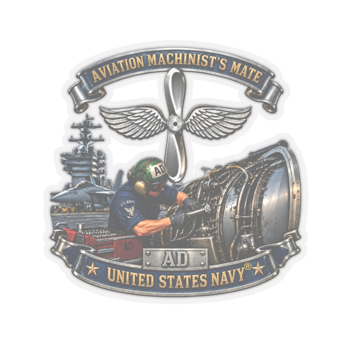Kiss-Cut Stickers - Navy - Rate - Aviation Machinists Mate Br with Scene - 3D - Enhanced