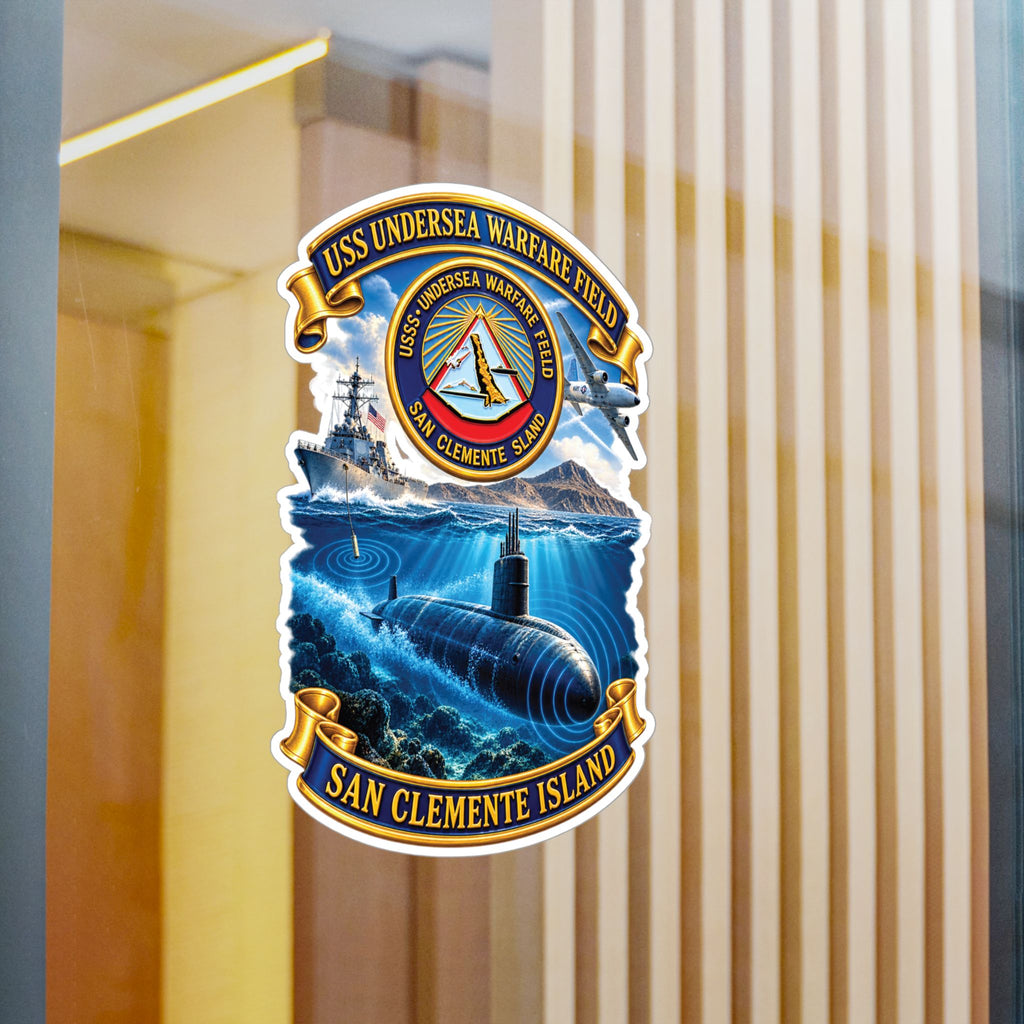Kiss-Cut Vinyl Decal - NAVY - USS Undersea Warfare Field - San Clemente Island - Crest - w scene - 3D - Enhanced