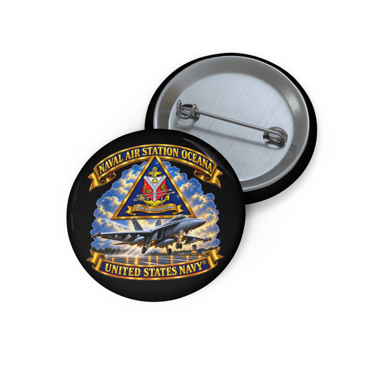 Pin Button - Navy - Naval Air Station Oceana - Crest with Aircraft - United States Navy - 3D - Enhanced