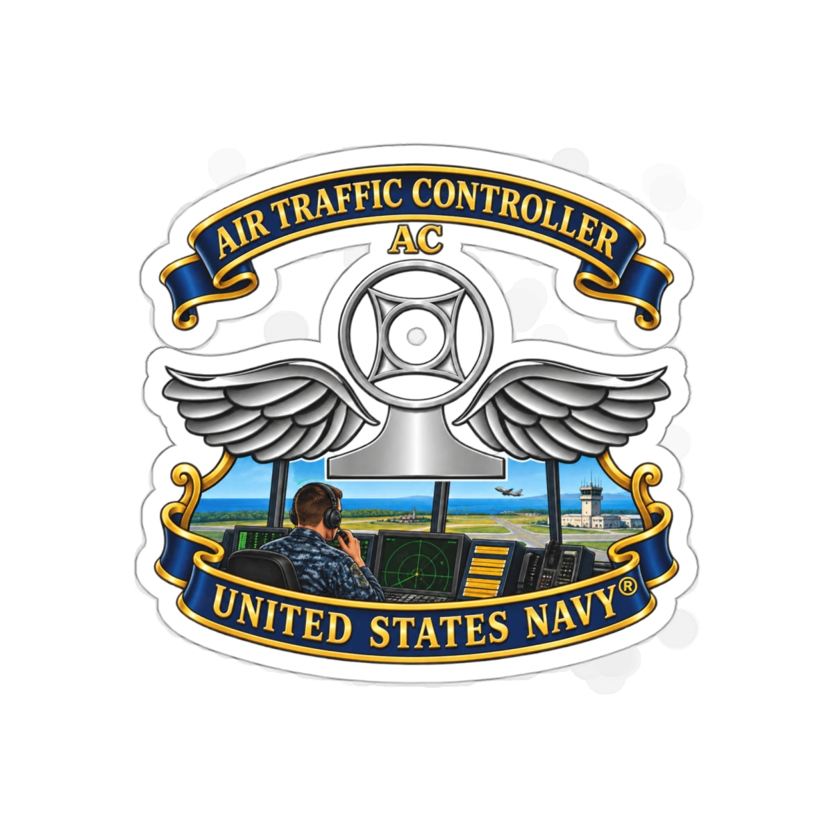Die-Cut Vinyl Sticker - Navy - Rate - Air Traffic Controller (AC) - with Scene - 3D - Enhanced
