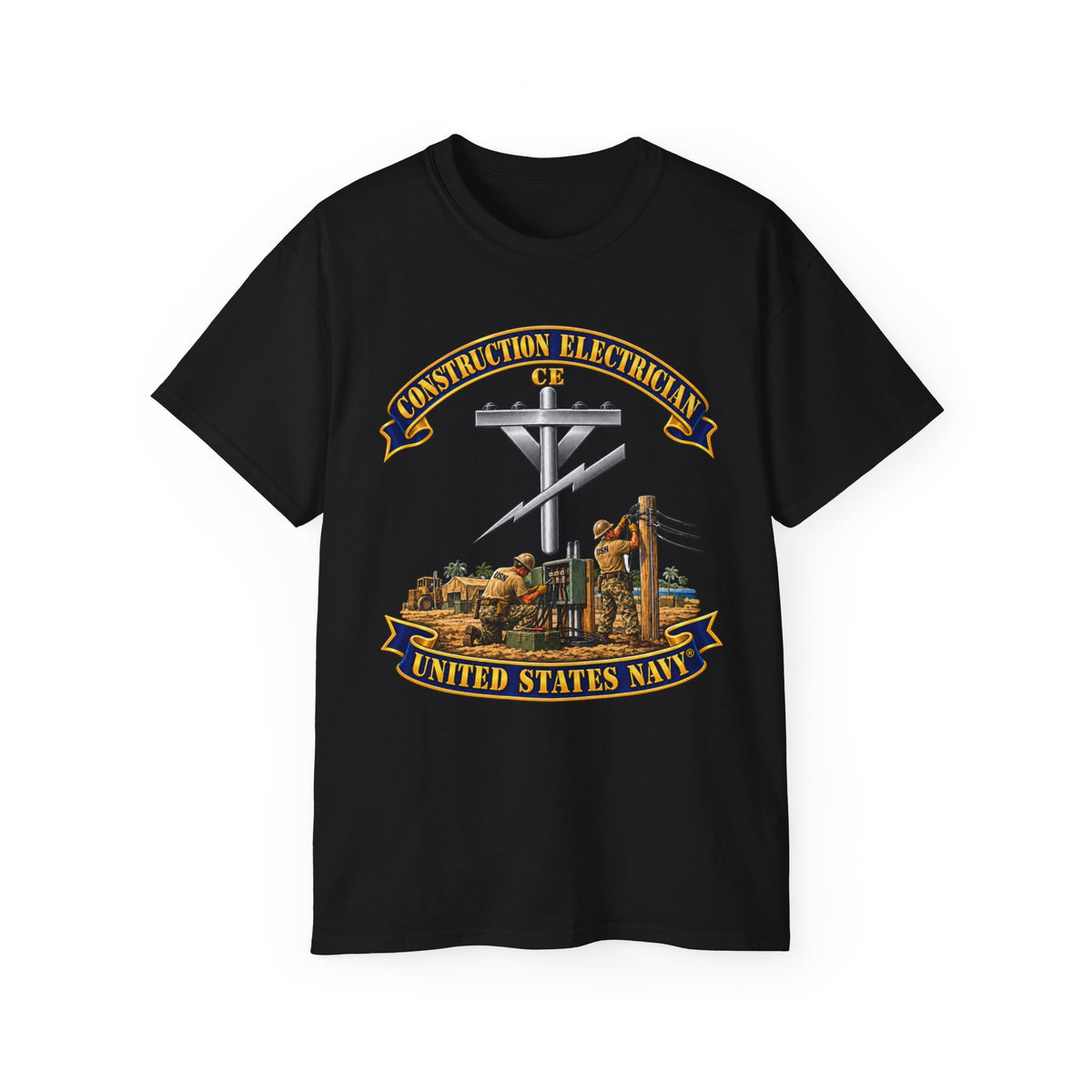Unisex Ultra Cotton T-Shirt - Navy - Rate - Construction Electrician (CE) with Scene - 3D - Enhanced