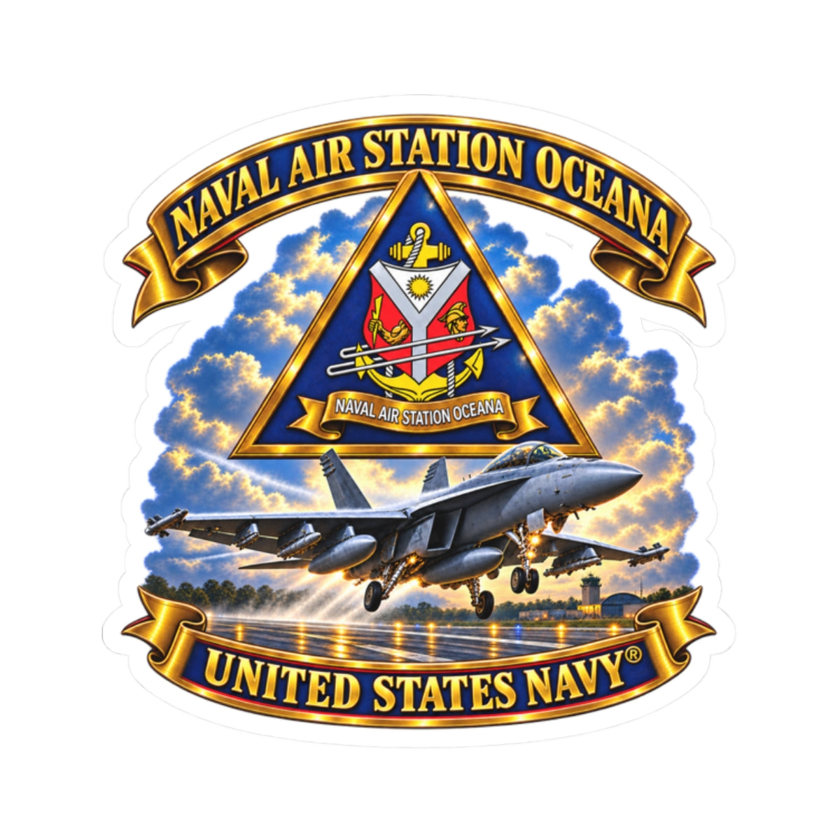 Kiss-Cut Stickers - Navy - Naval Air Station Oceana - Crest with Aircraft - United States Navy - 3D - Enhanced