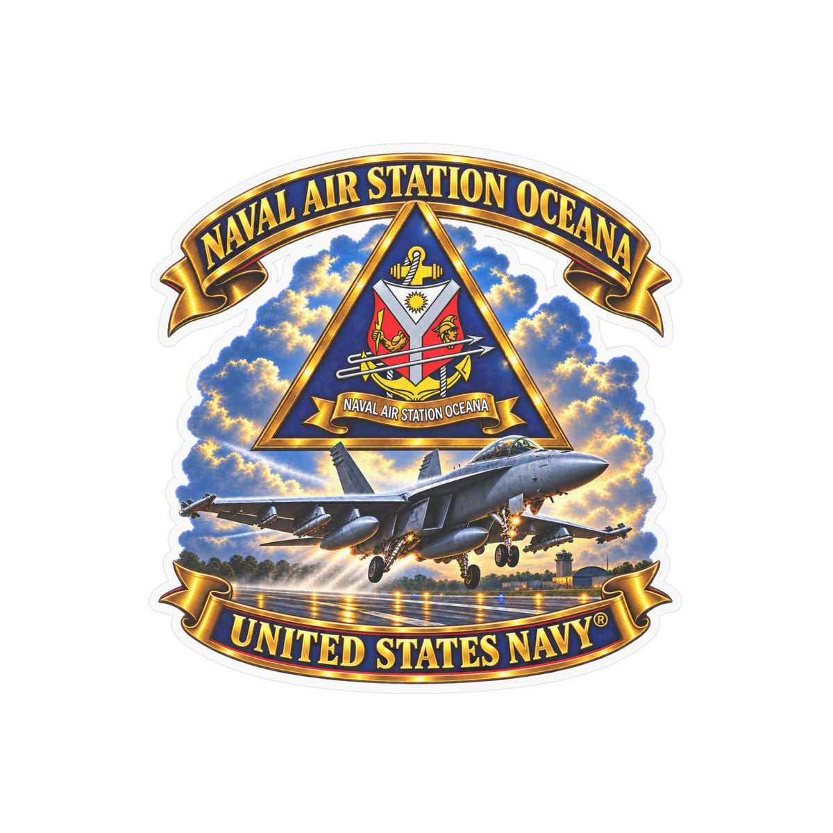 Kiss-Cut Vinyl Decal - Navy - Naval Air Station Oceana - Crest with Aircraft - United States Navy - 3D - Enhanced