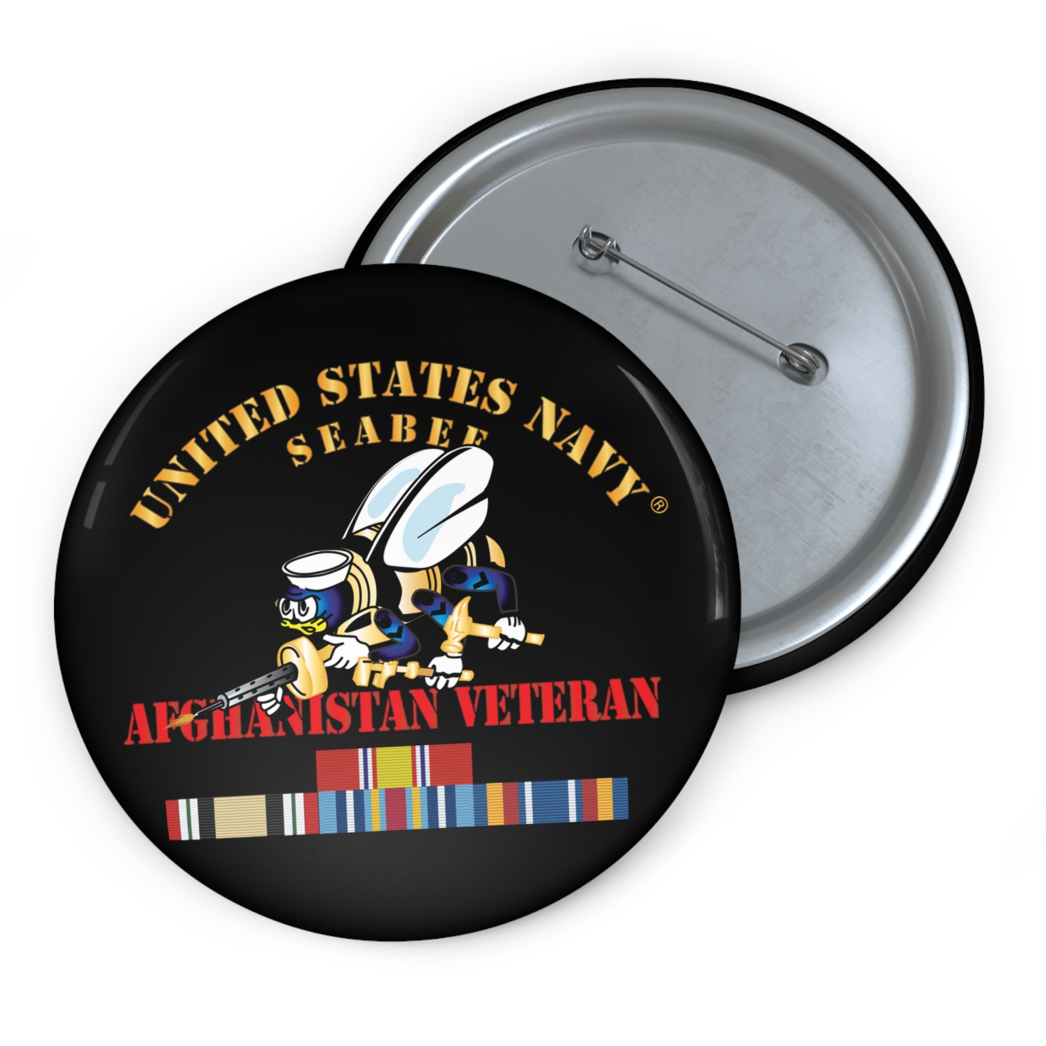Custom Pin Button - Navy - Seabee - Afghanistan Veteran