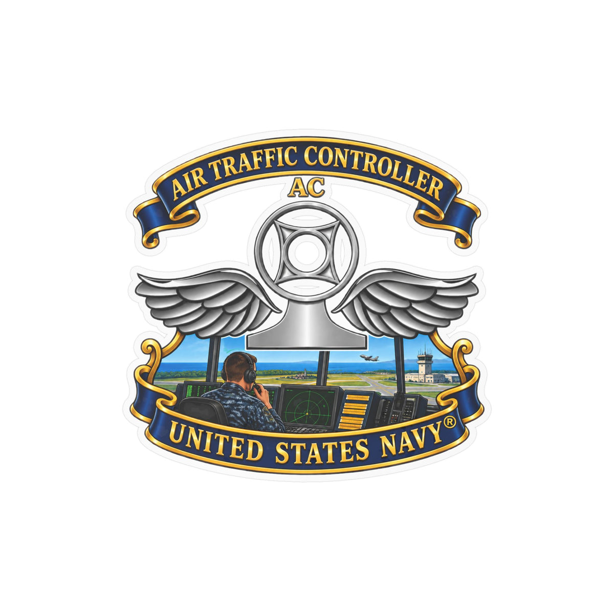 Kiss-Cut Vinyl Decal - Navy - Rate - Air Traffic Controller (AC) - with Scene - 3D - Enhanced