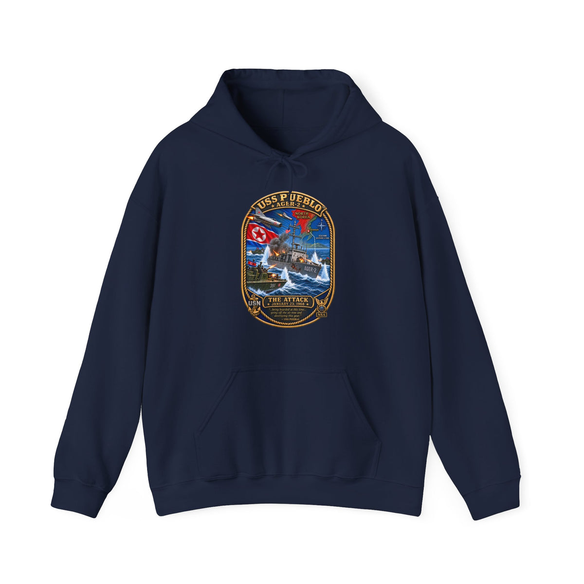 Unisex Heavy Blend™ Hoodies - Navy - USS Pueblo Attack-Defense Commemorative Patch - 3D - Enhanced