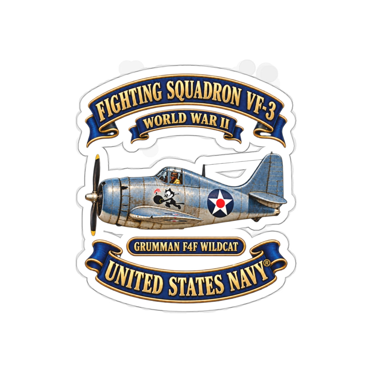 Die-Cut Vinyl Sticker - NAVY - Fighting Squadron - VF 3 - WWII FELIX Insignia - Grumman F4F Wildcat - 3D - Enhanced