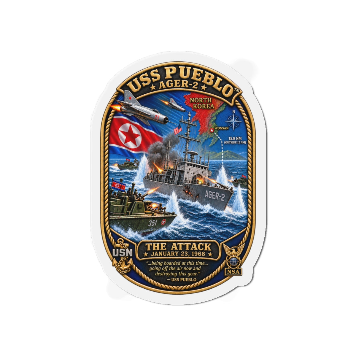 Die-Cut Magnet - Navy - USS Pueblo Attack-Defense Commemorative Patch - 3D - Enhanced