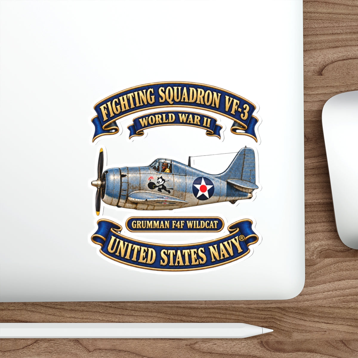 Die-Cut Vinyl Sticker - NAVY - Fighting Squadron - VF 3 - WWII FELIX Insignia - Grumman F4F Wildcat - 3D - Enhanced
