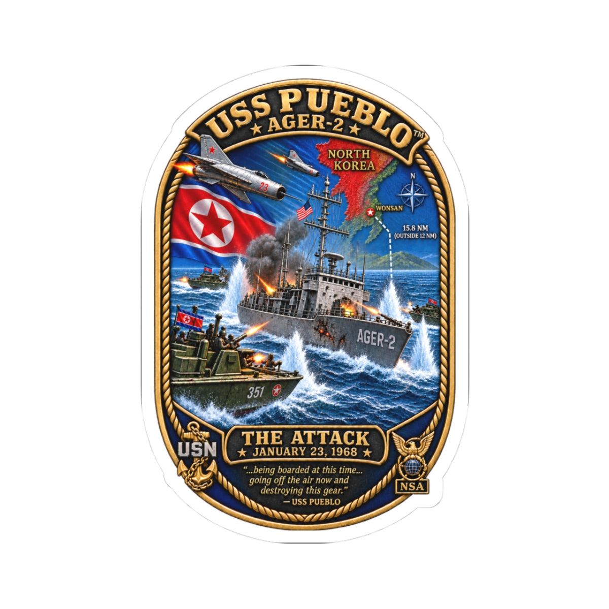 Kiss-Cut Stickers - Navy - USS Pueblo Attack-Defense Commemorative Patch - 3D - Enhanced