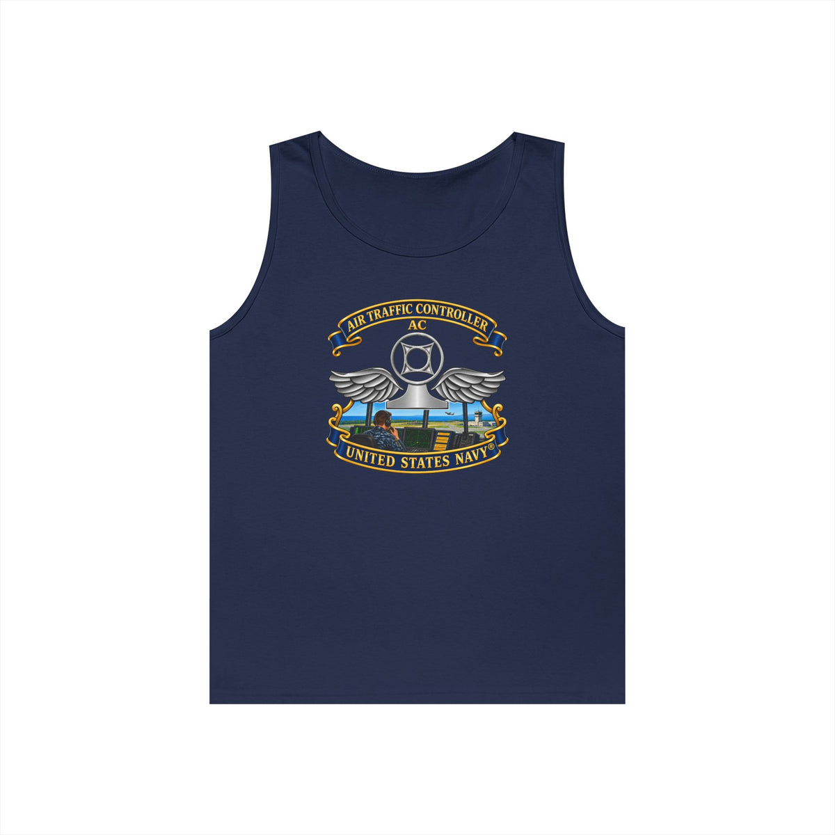 Unisex Heavy Cotton Tank Top - Navy - Rate - Air Traffic Controller (AC) - with Scene - 3D - Enhanced