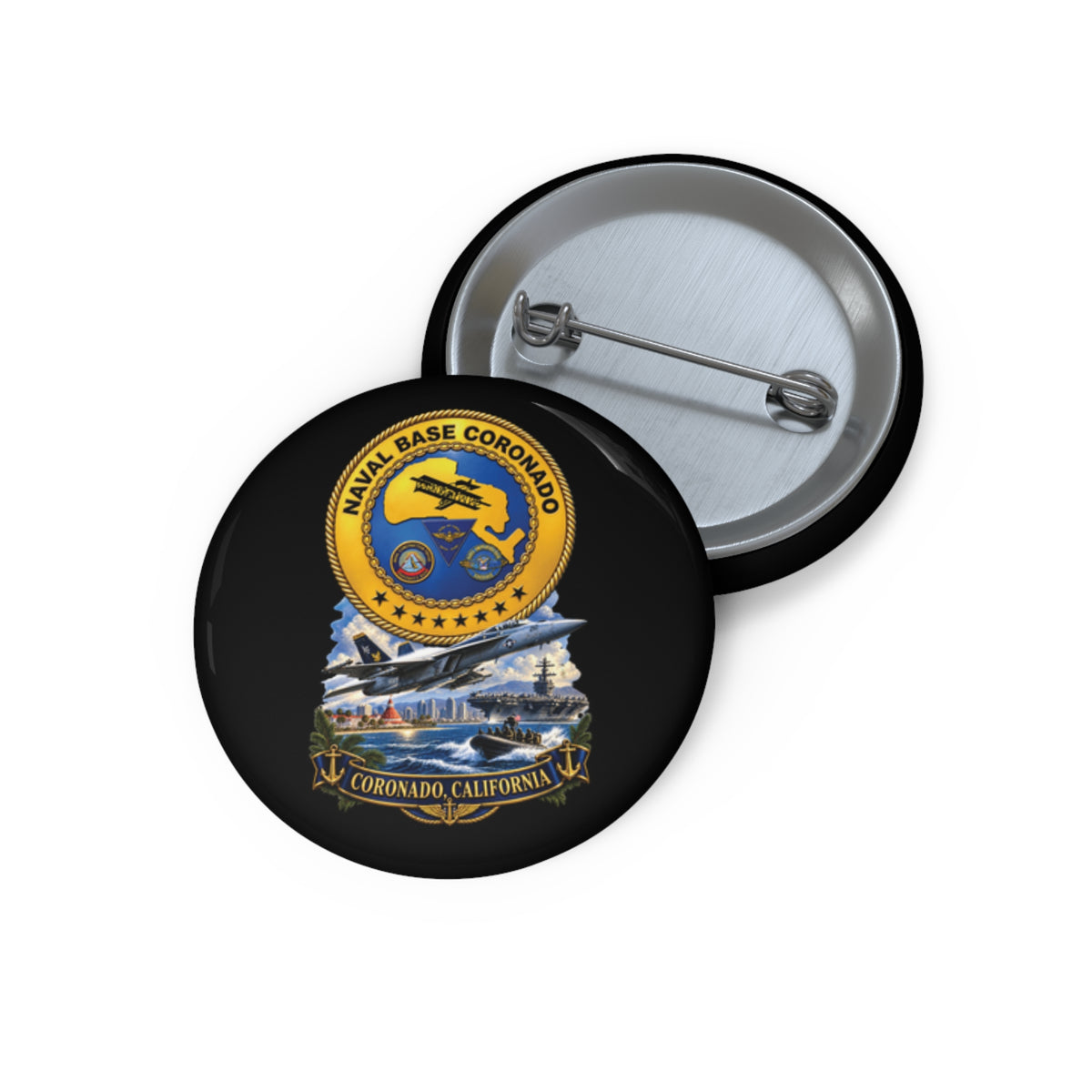 Pin Button - NAVY - Naval Base Coronado - Crest w Scene - Coronado California - 3D - Enhanced