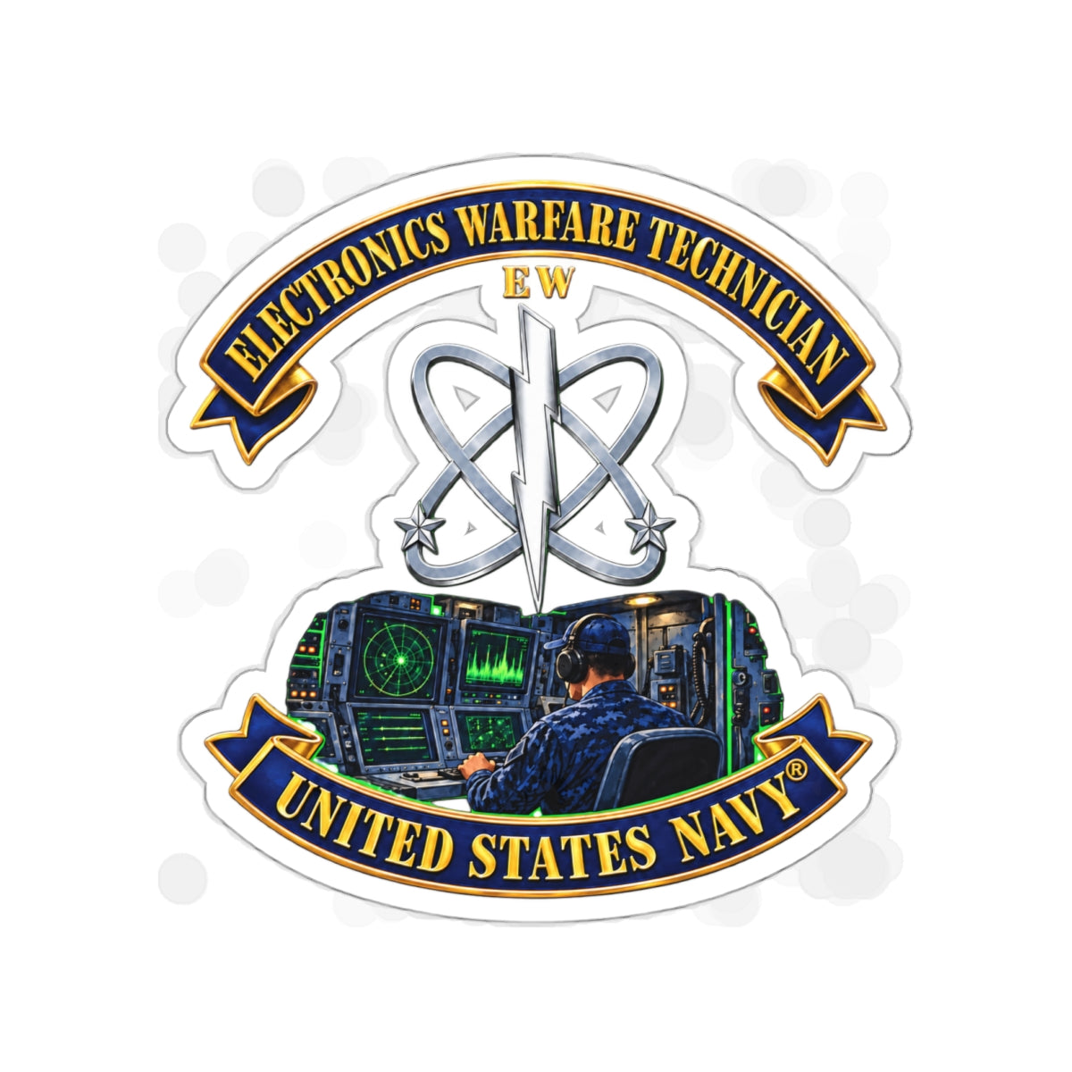 Die-Cut Vinyl Sticker - Navy - Rate - Electronics Warfare Technician with Scene - 3D - Enhanced