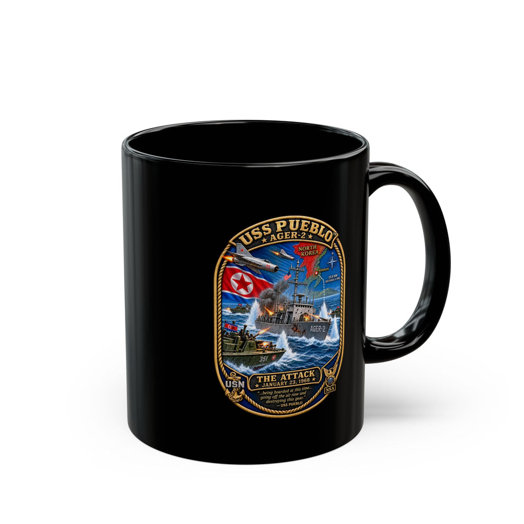 Black Mug (11oz, 15oz) - Navy - USS Pueblo Attack-Defense Commemorative Patch - 3D - Enhanced