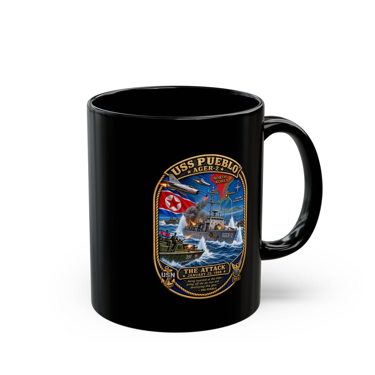 Black Mug (11oz, 15oz) - Navy - USS Pueblo Attack-Defense Commemorative Patch - 3D - Enhanced