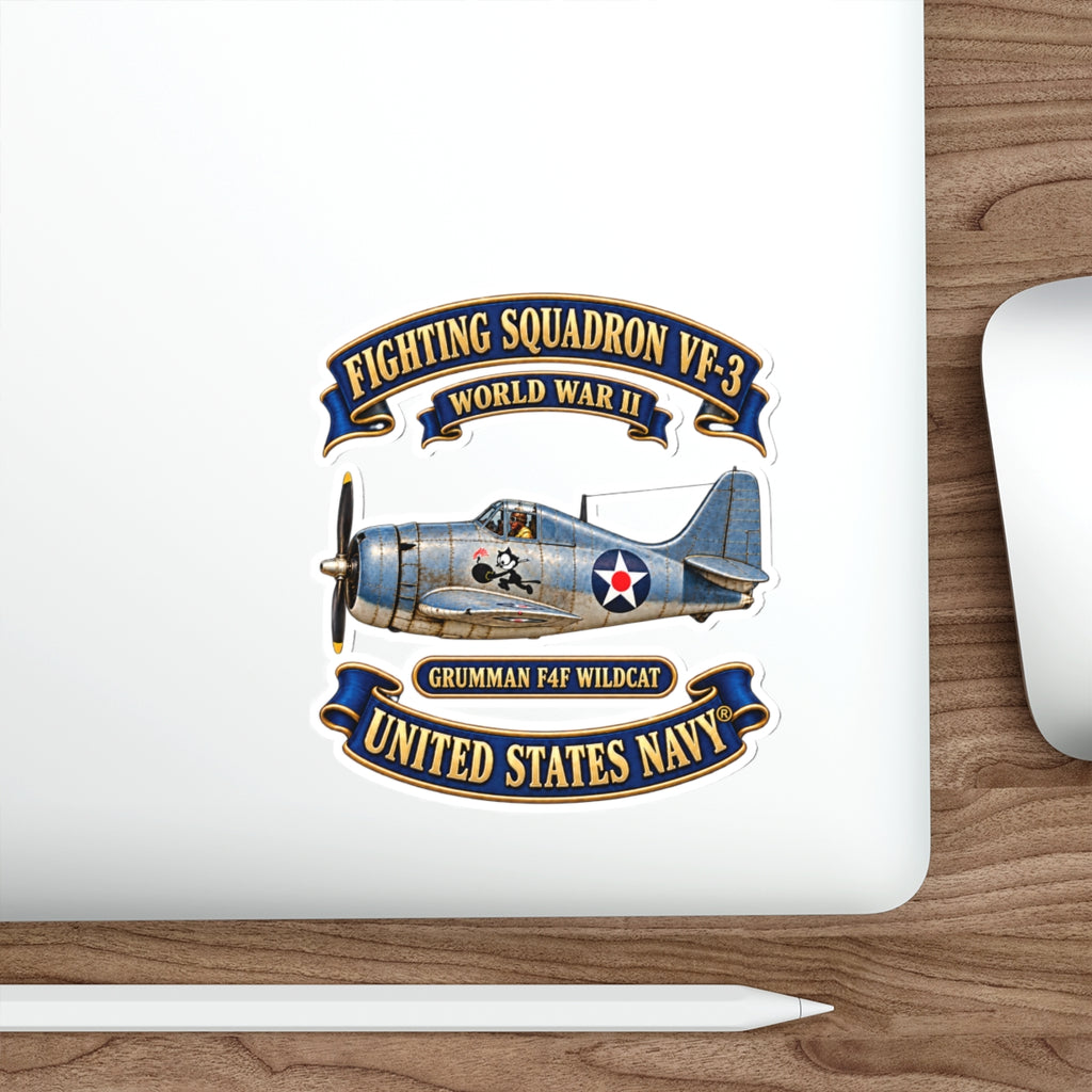 Die-Cut Vinyl Sticker - NAVY - Fighting Squadron - VF 3 - WWII FELIX Insignia - Grumman F4F Wildcat - 3D - Enhanced