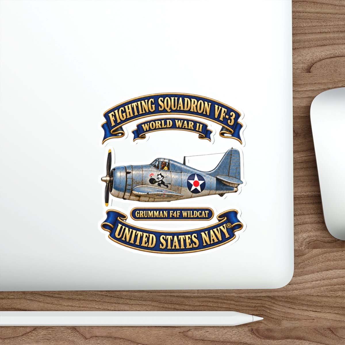 Die-Cut Vinyl Sticker - NAVY - Fighting Squadron - VF 3 - WWII FELIX Insignia - Grumman F4F Wildcat - 3D - Enhanced