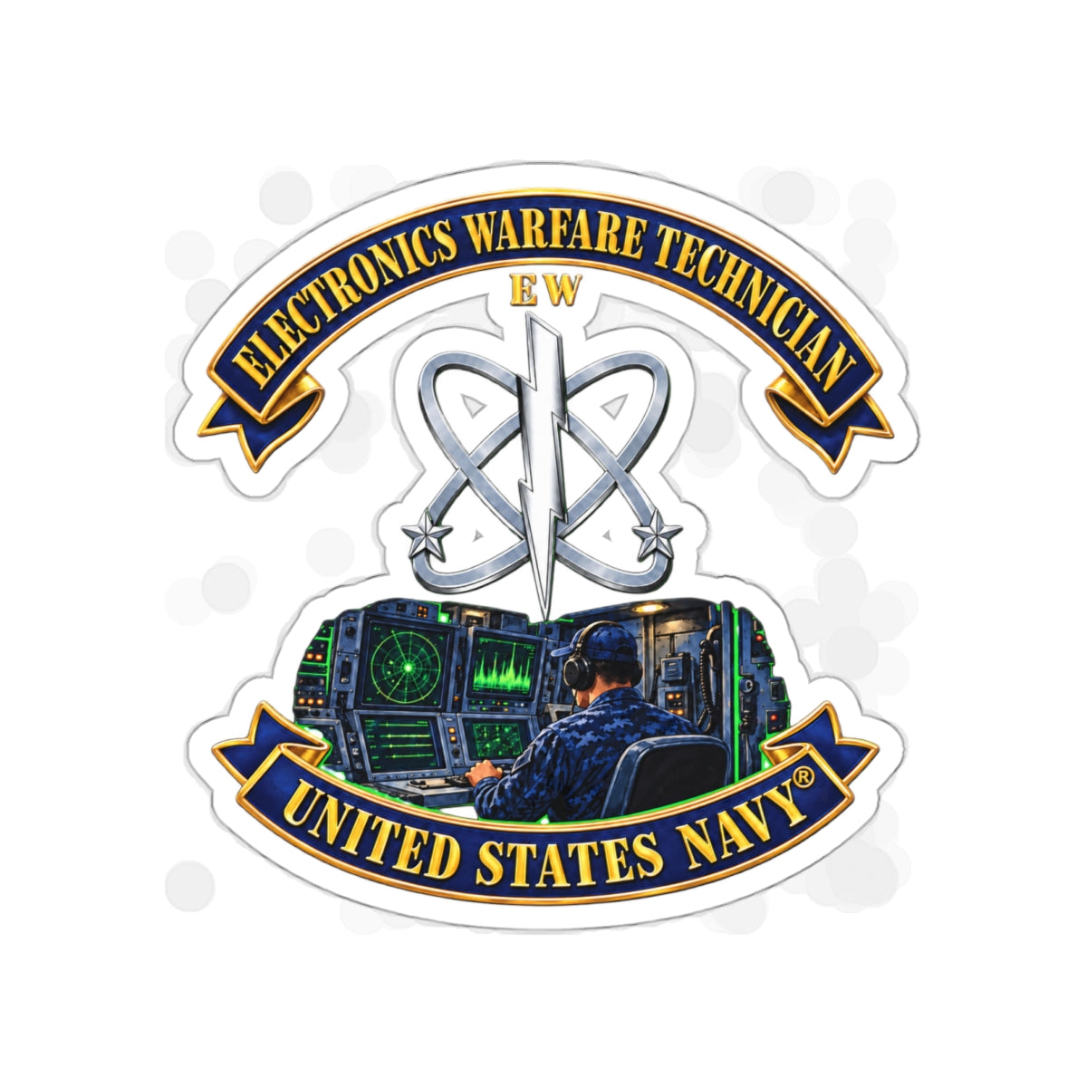 Die-Cut Vinyl Sticker - Navy - Rate - Electronics Warfare Technician with Scene - 3D - Enhanced