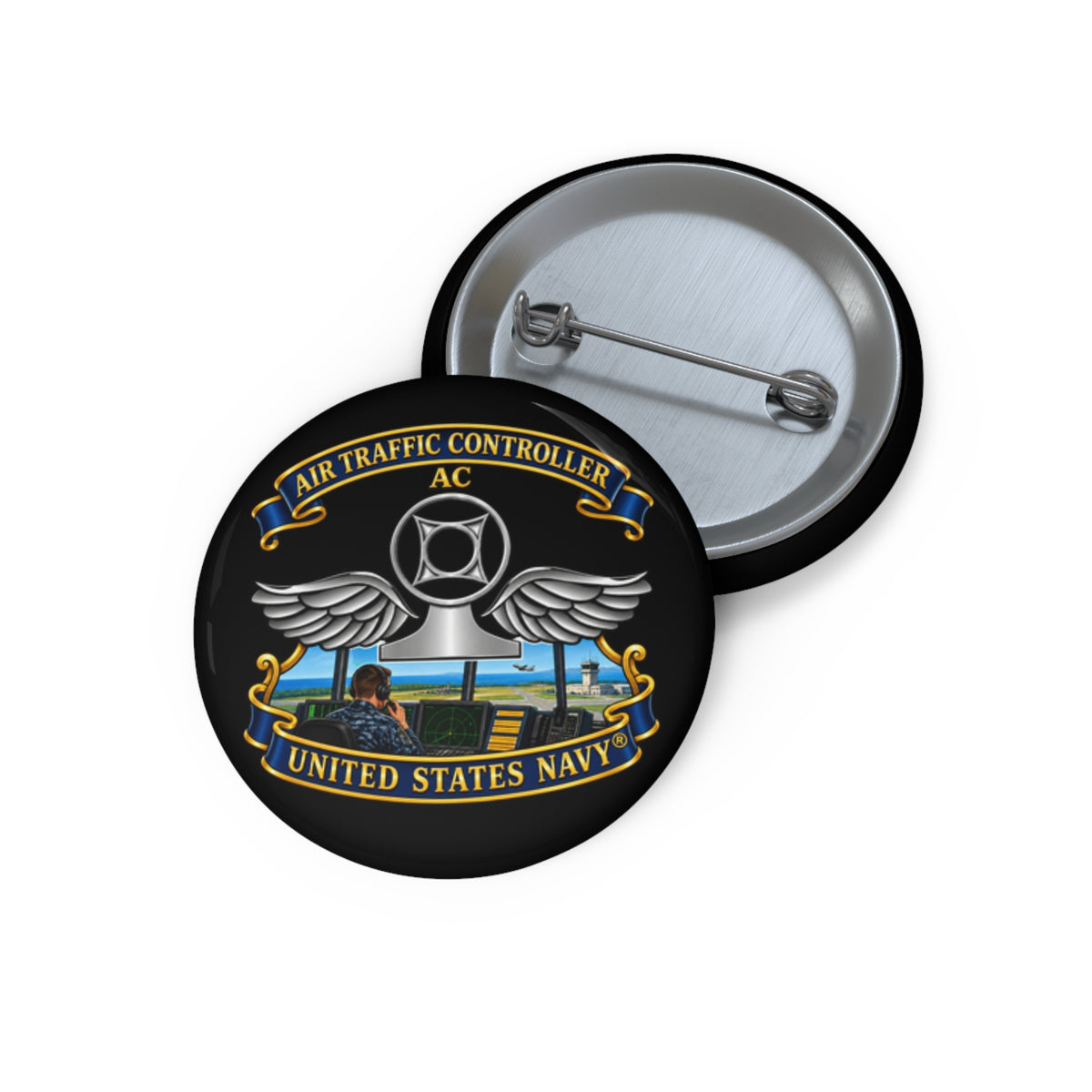 Pin Button - Navy - Rate - Air Traffic Controller (AC) - with Scene - 3D - Enhanced