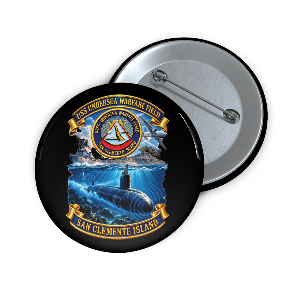 Pin Button - NAVY - USS Undersea Warfare Field - San Clemente Island - Crest - w scene - 3D - Enhanced