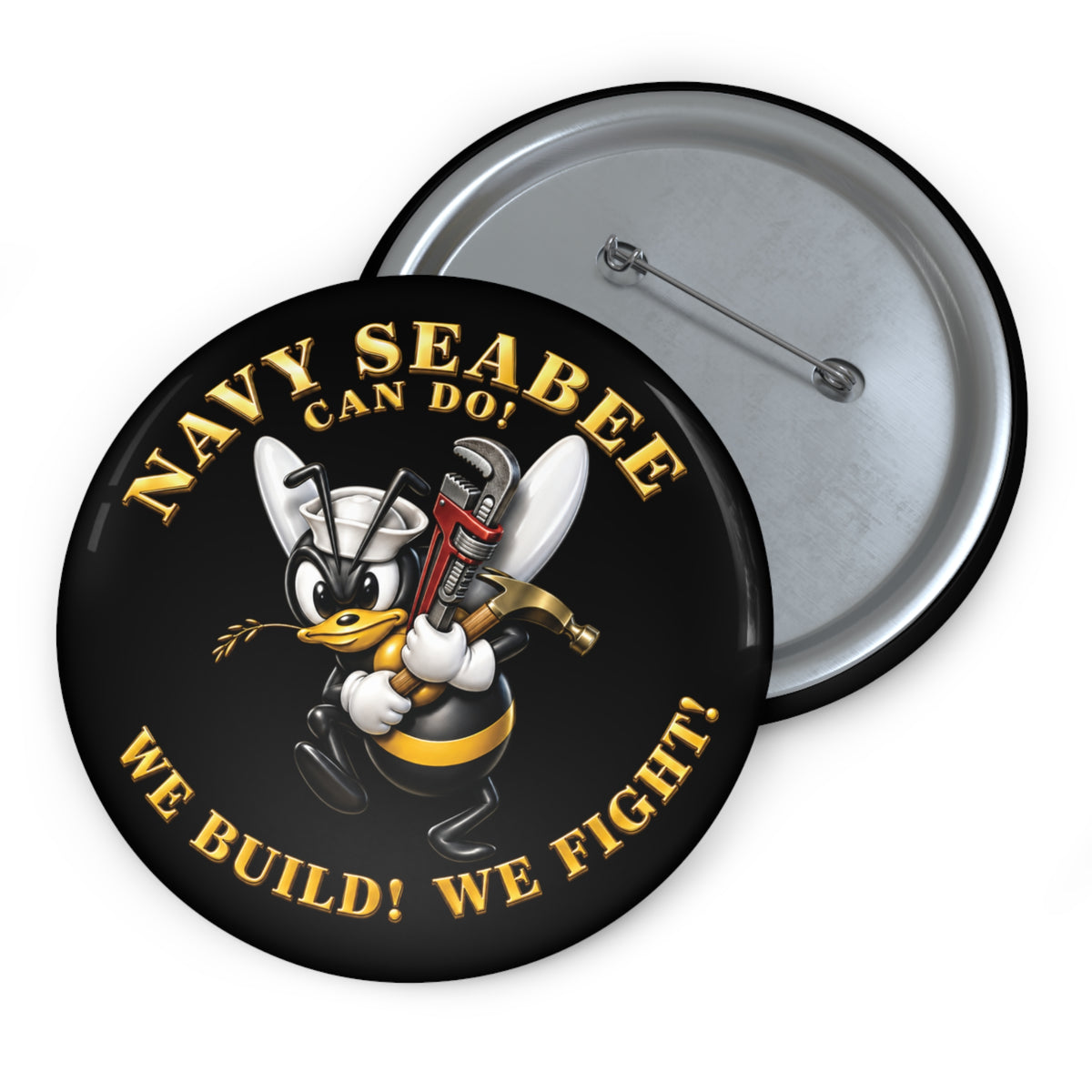 Custom Pin Button - Navy - Navy SeaBee - w Wrench and Hammer - 3D - Enhanced X 300