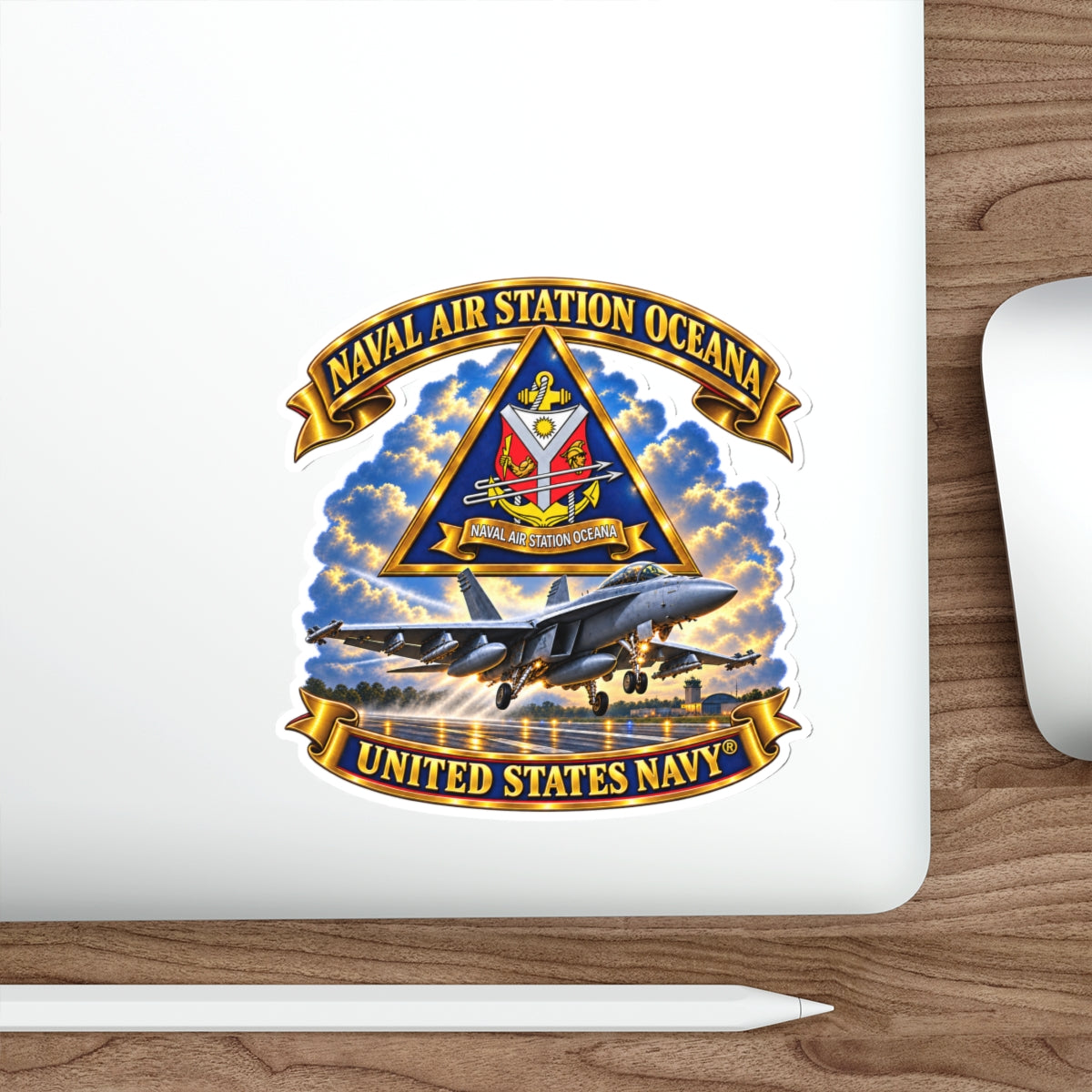 Die-Cut Vinyl Sticker - Navy - Naval Air Station Oceana - Crest with Aircraft - United States Navy - 3D - Enhanced