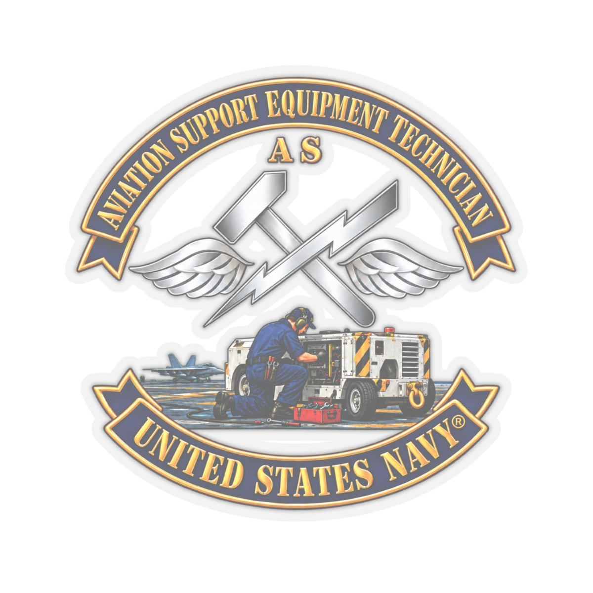 Kiss-Cut Stickers - Navy - Rate - Aviation Support Equipment Technician (AS) with Scene - 3D - Enhanced