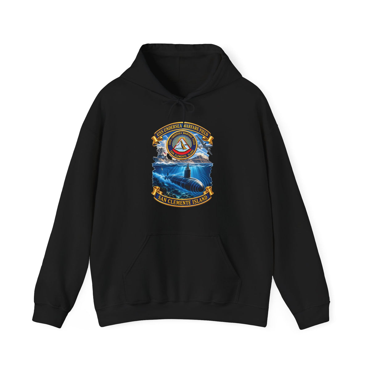 Unisex Heavy Blend™ Hoodies - NAVY - USS Undersea Warfare Field - San Clemente Island - Crest - w scene - 3D - Enhanced