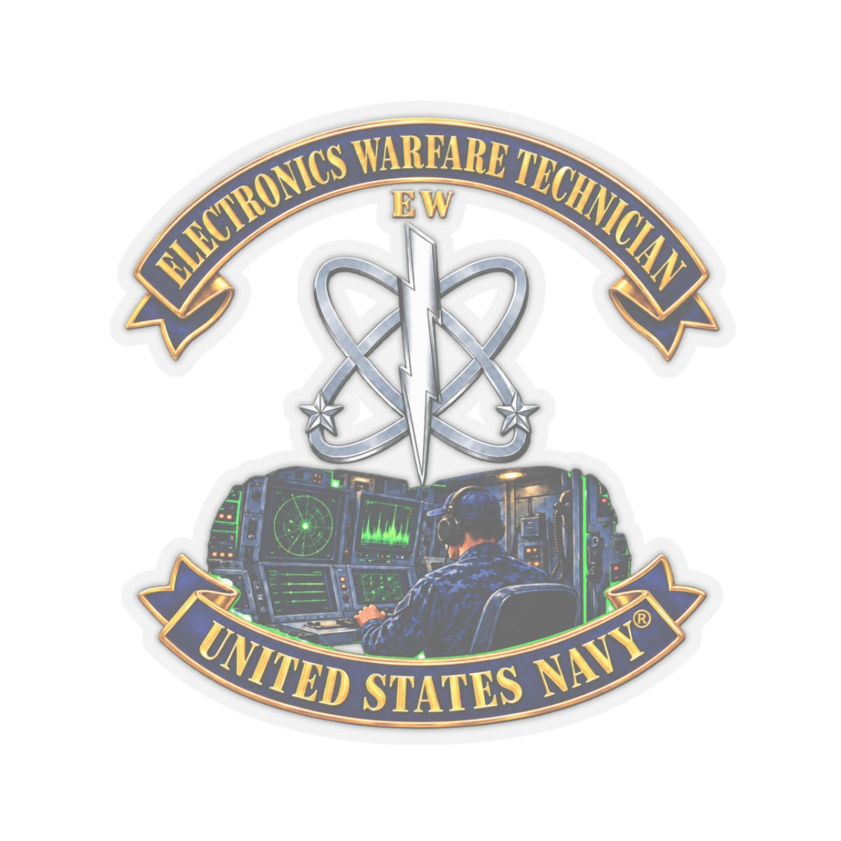 Kiss-Cut Stickers - Navy - Rate - Electronics Warfare Technician with Scene - 3D - Enhanced