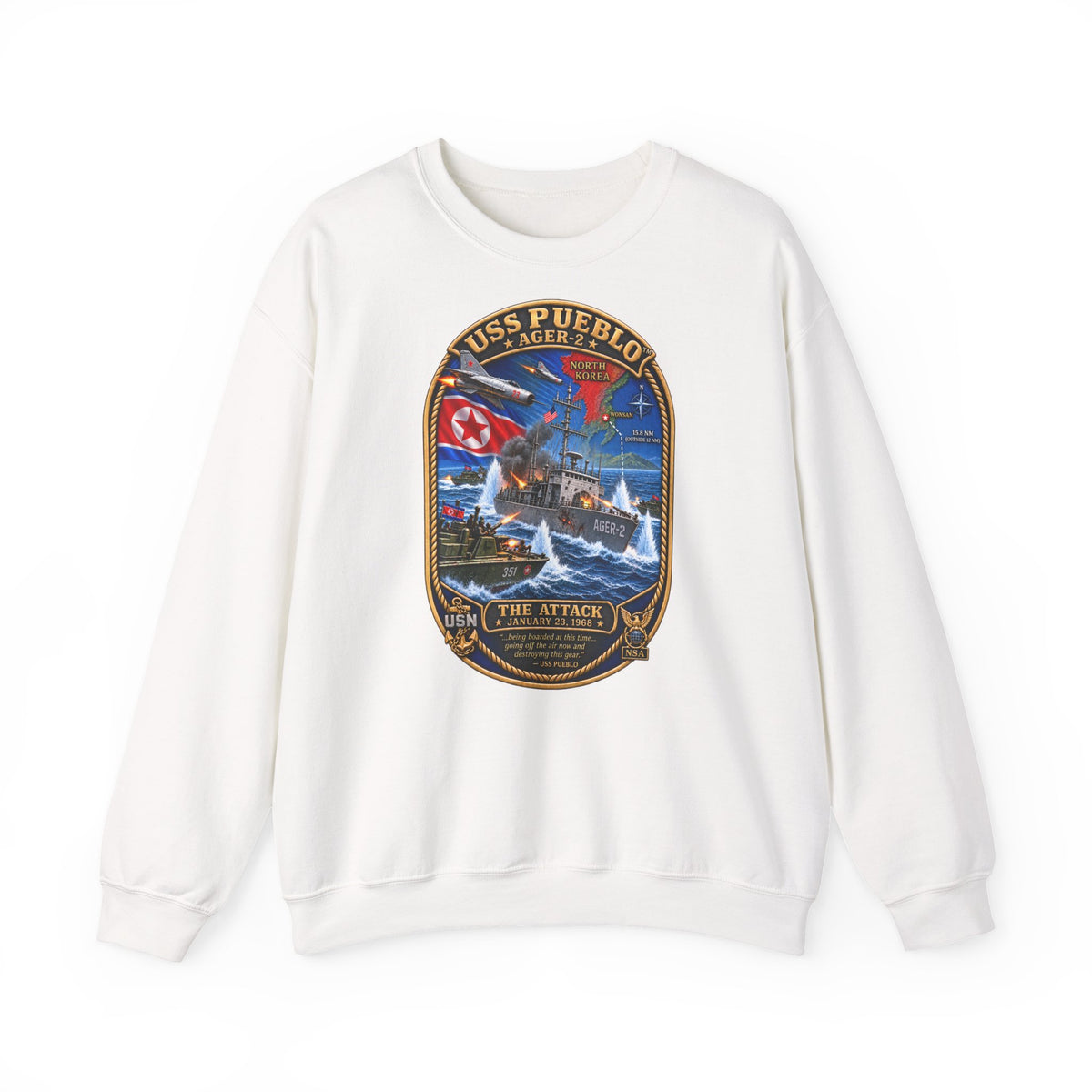 Unisex Heavy Blend™ Crewneck Sweatshirt -  Navy - USS Pueblo Attack-Defense Commemorative Patch - 3D - Enhanced