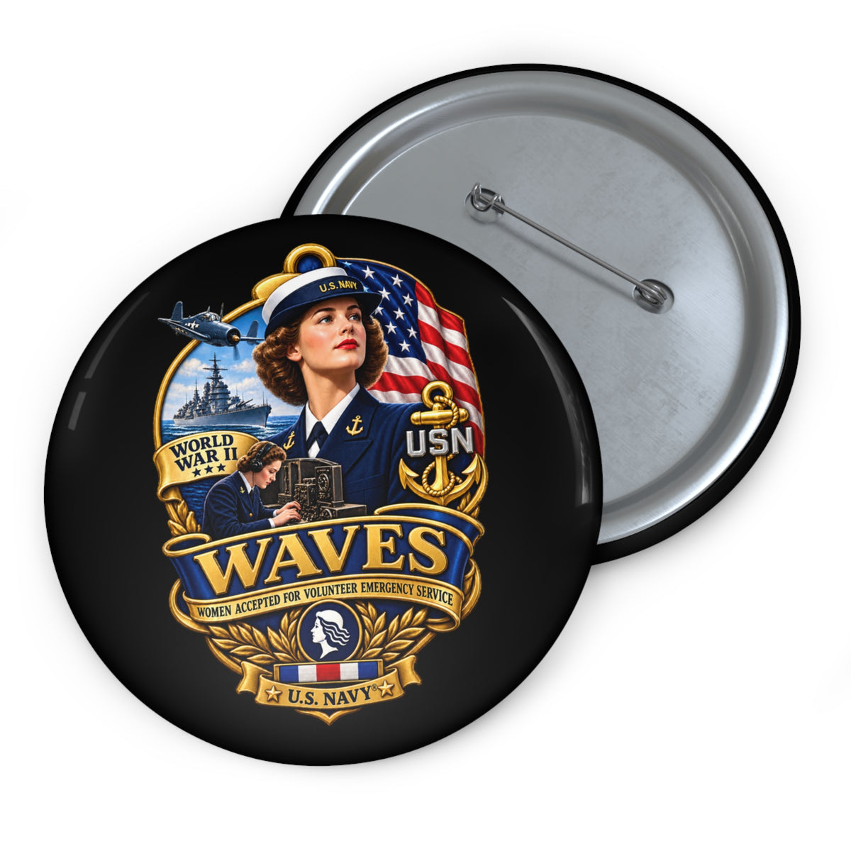 Pin Button - WAVES - Women Accepted for Volunteer Emergency Service WWII - 3D - Enhanced