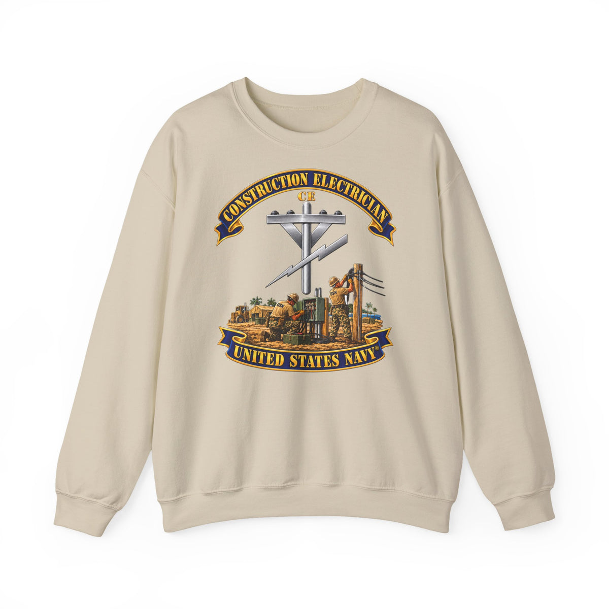 Unisex Heavy Blend™ Crewneck Sweatshirt -  Navy - Rate - Construction Electrician (CE) with Scene - 3D - Enhanced