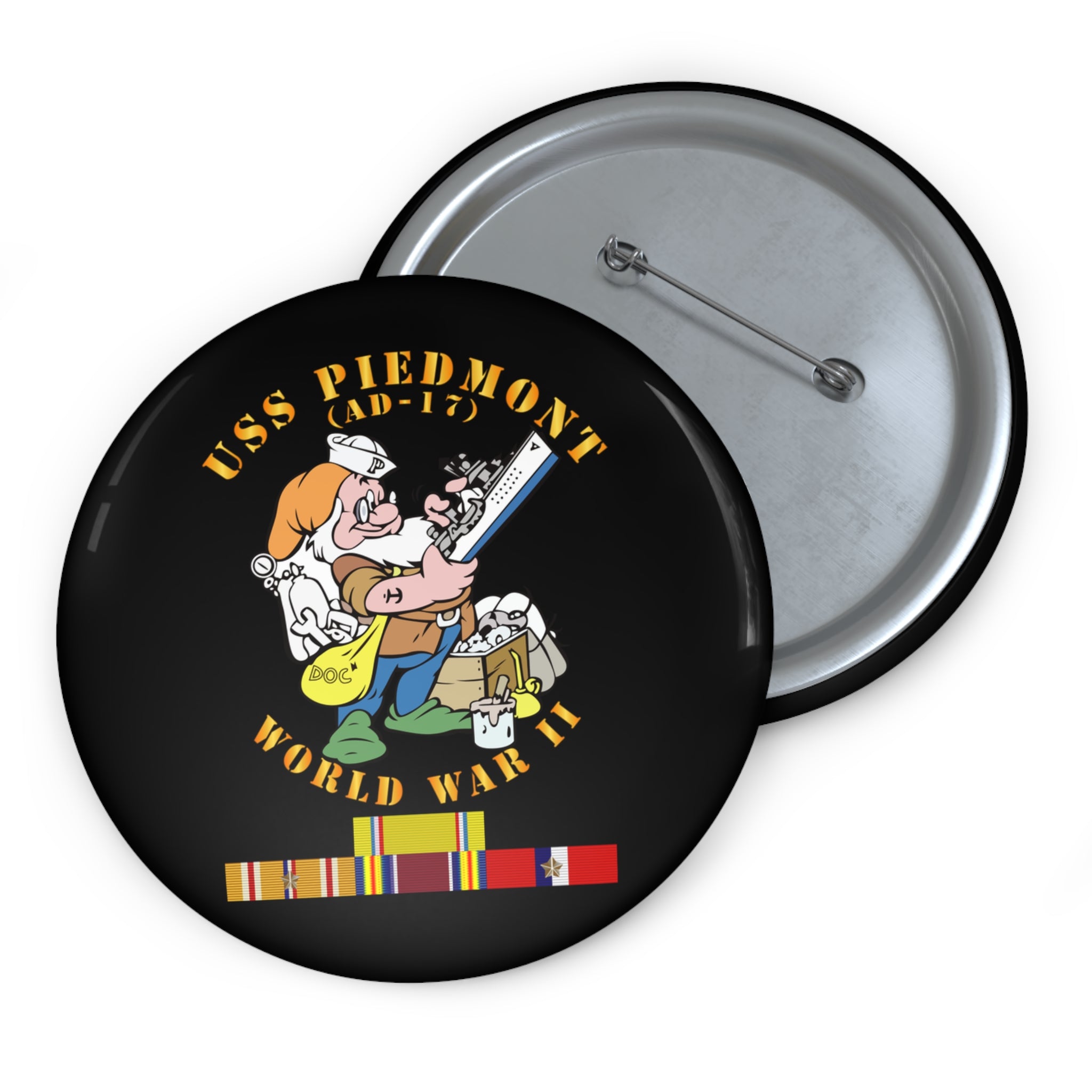 Custom Pin Button - Navy - USS Piedmont (AD-17) w PAC SVC WWII