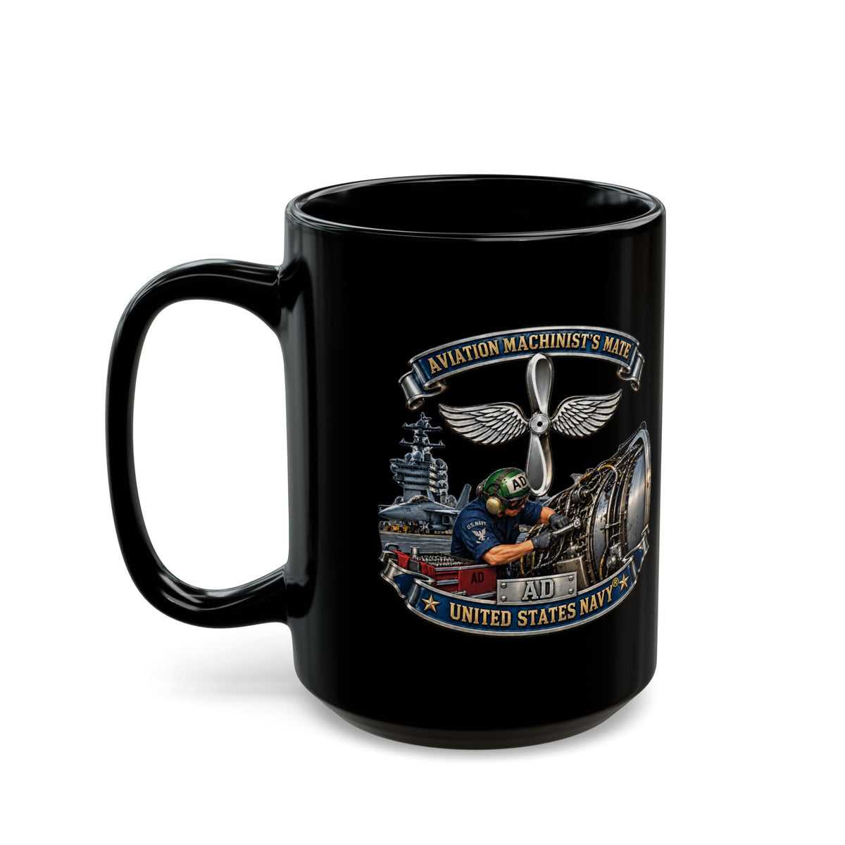 Black Mug (11oz, 15oz) - Navy - Rate - Aviation Machinists Mate Br with Scene - 3D - Enhanced
