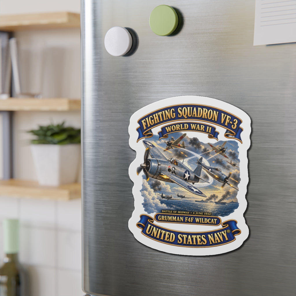 Die-Cut Magnet - Navy - Fighting Squadron - VF 3 - WWII - Grumman F4F Wildcats - Japanese Zeros - Battle of Midway - 3D - Enhanced