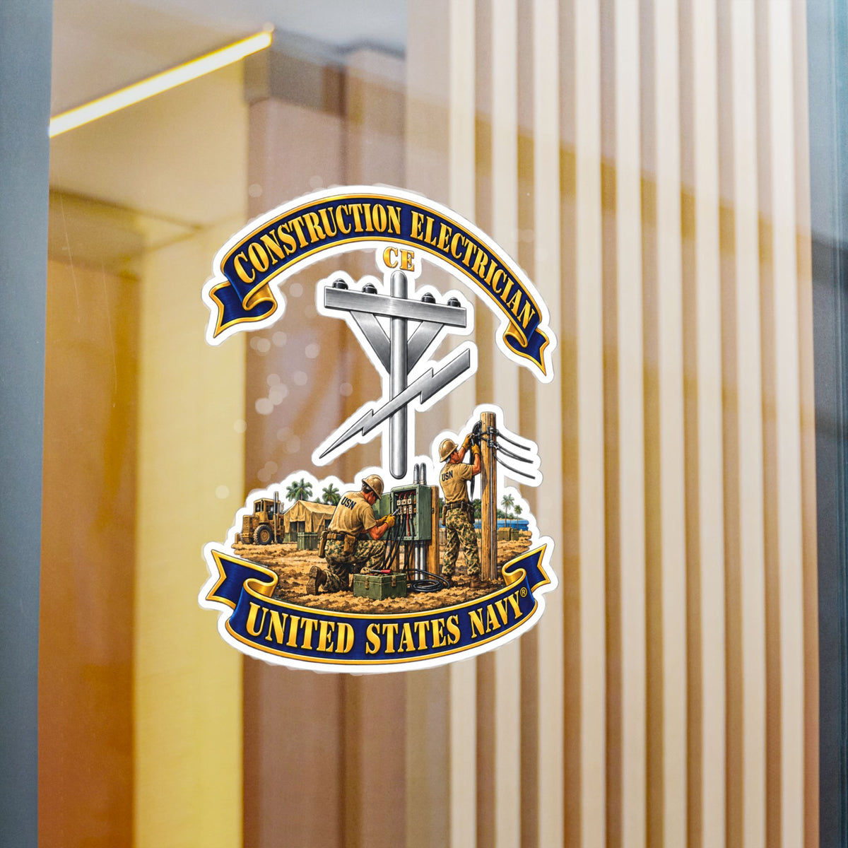 Kiss-Cut Vinyl Decal - Navy - Rate - Construction Electrician (CE) with Scene - 3D - Enhanced
