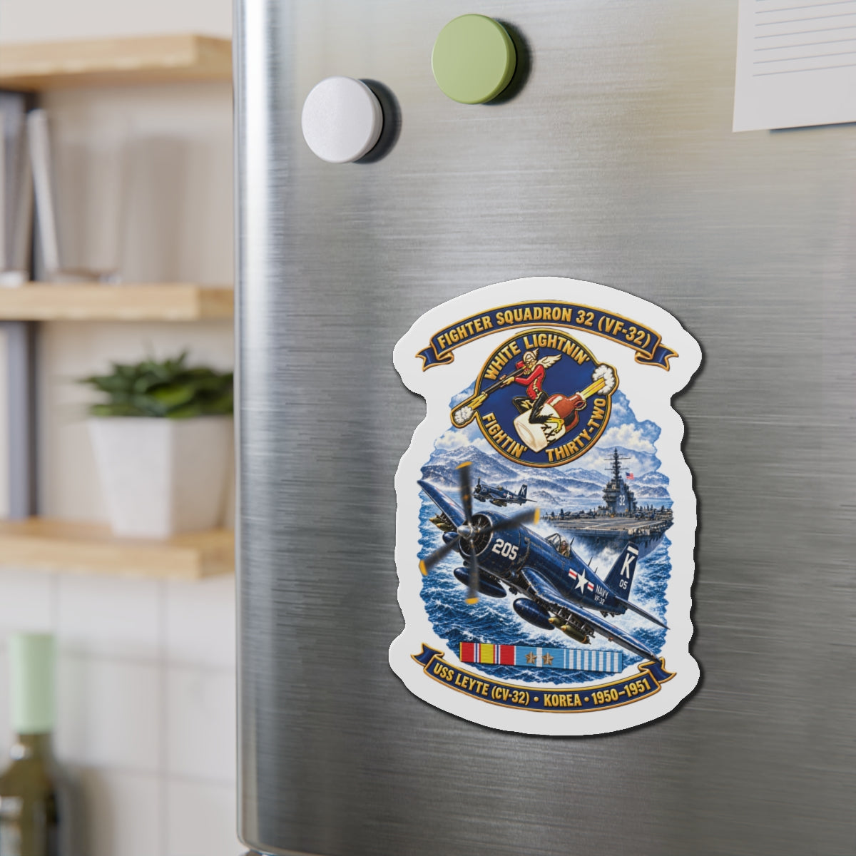 Die-Cut Magnet - NAVY - VF 32  -White Lightnin - Fightin 32 - SSI - USS Leyte (CV32) - F4U-4 Corsair - Korea - 1950-1951- 3D - Enhanced
