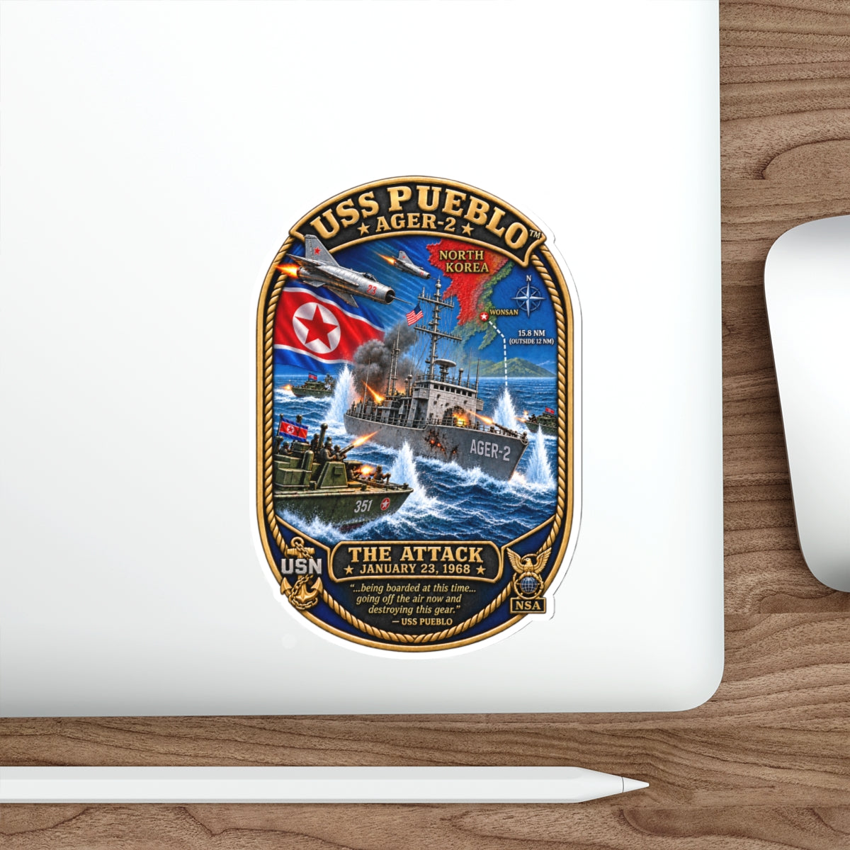 Die-Cut Vinyl Sticker - Navy - USS Pueblo Attack-Defense Commemorative Patch - 3D - Enhanced