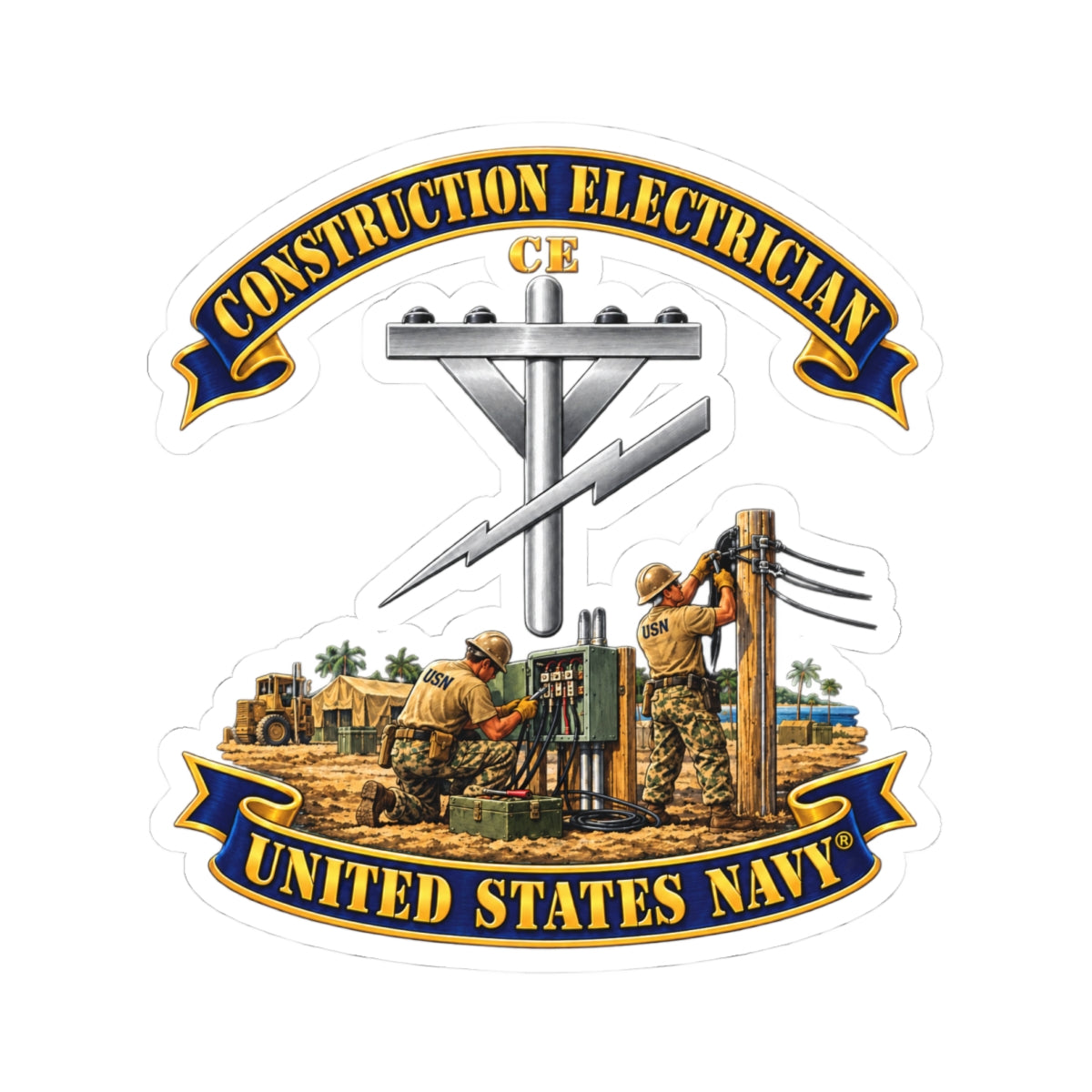 Kiss-Cut Stickers - Navy - Rate - Construction Electrician (CE) with Scene - 3D - Enhanced
