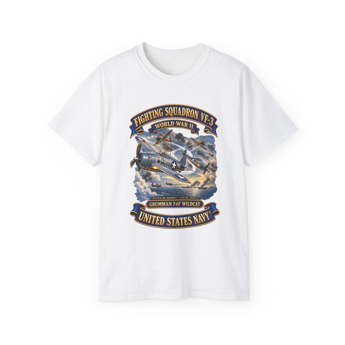 Unisex Ultra Cotton T-Shirt - Navy - Fighting Squadron - VF 3 - WWII - Grumman F4F Wildcats - Japanese Zeros - Battle of Midway - 3D - Enhanced