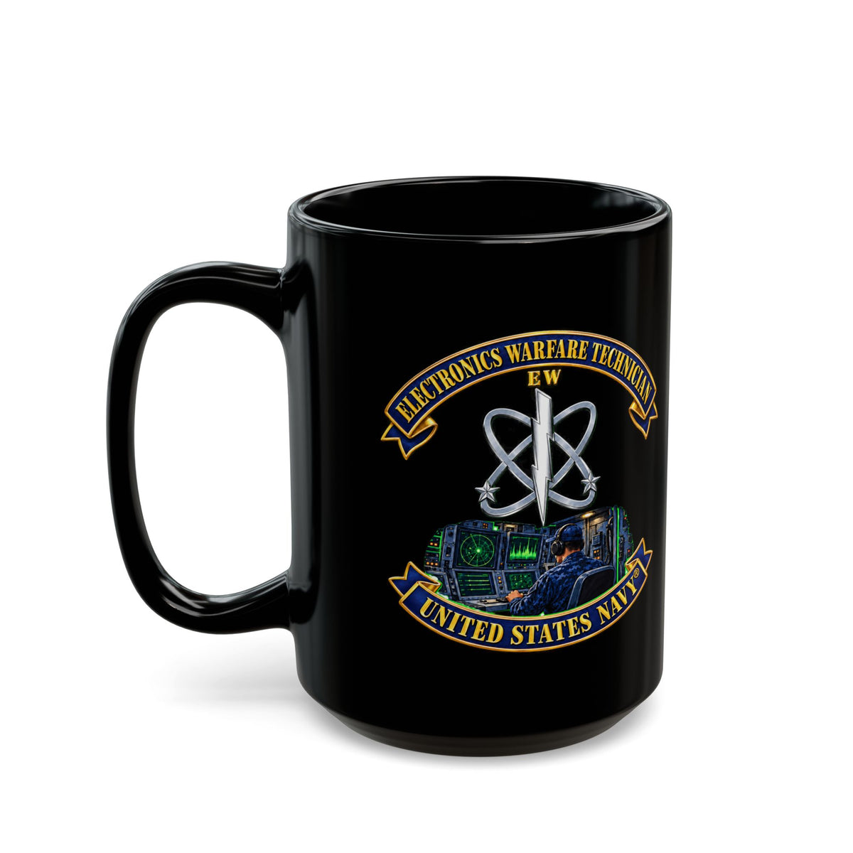 Black Mug (11oz, 15oz) - Navy - Rate - Electronics Warfare Technician with Scene - 3D - Enhanced