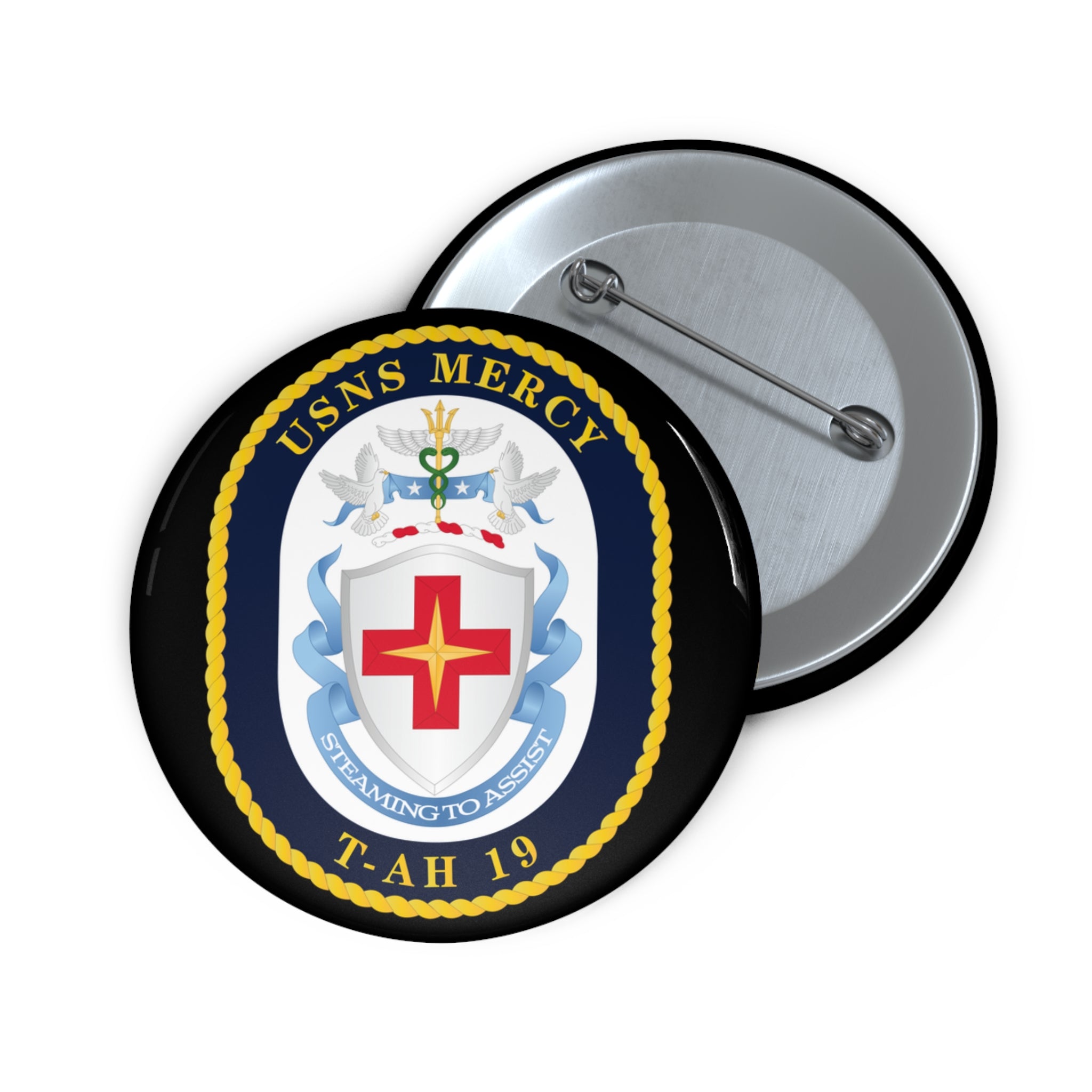 Custom Pin Button - Navy - USNS Mercy (T-AH-19) - Crest wo Txt