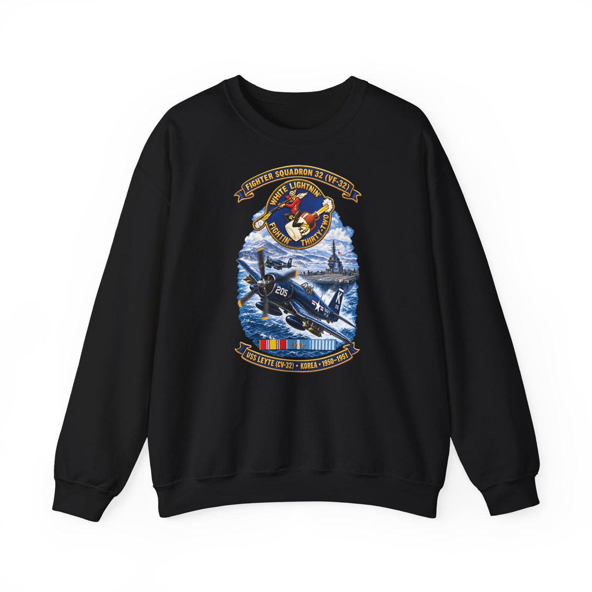 Unisex Heavy Blend™ Crewneck Sweatshirt - NAVY - VF 32  -White Lightnin - Fightin 32 - SSI - USS Leyte (CV32) - F4U-4 Corsair - Korea - 1950-1951- 3D - Enhanced