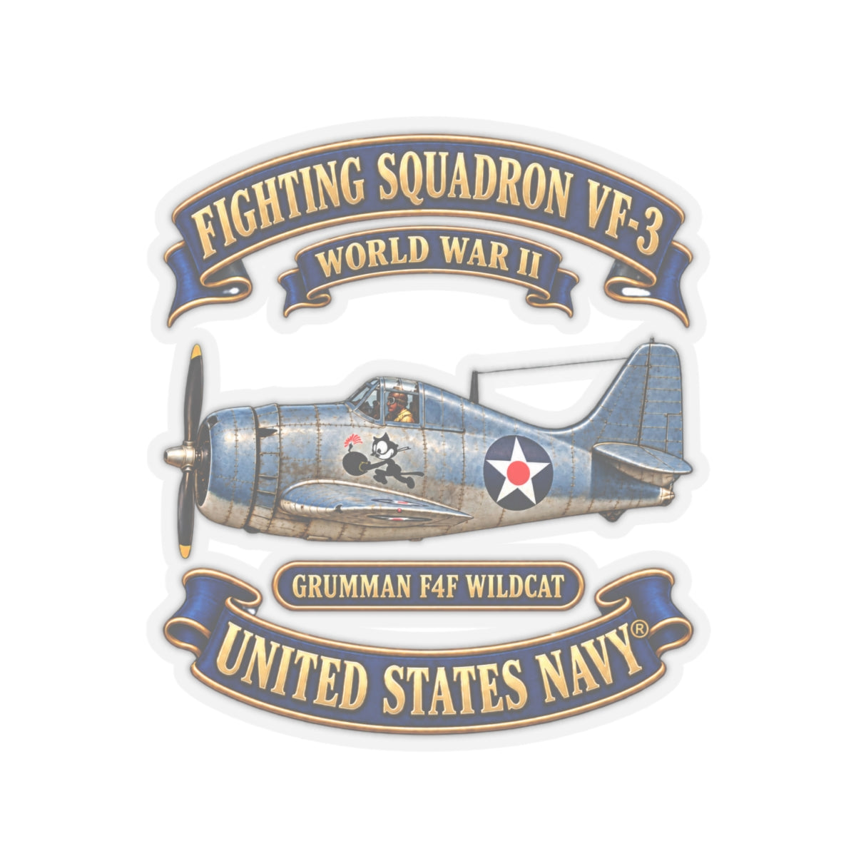 Kiss-Cut Stickers - NAVY - Fighting Squadron - VF 3 - WWII FELIX Insignia - Grumman F4F Wildcat - 3D - Enhanced