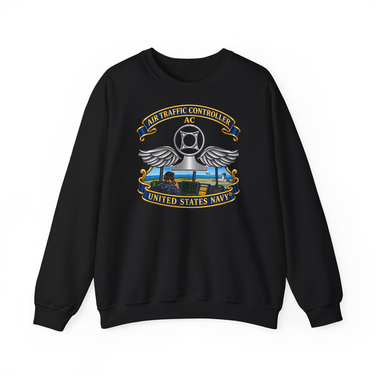 Unisex Heavy Blend™ Crewneck Sweatshirt -  Navy - Rate - Air Traffic Controller (AC) - with Scene - 3D - Enhanced