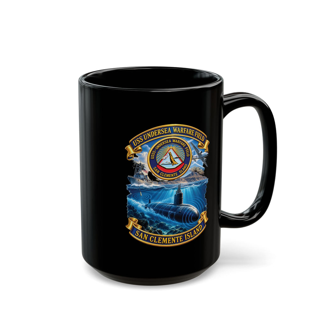 Black Mug (11oz, 15oz) - NAVY - USS Undersea Warfare Field - San Clemente Island - Crest - w scene - 3D - Enhanced