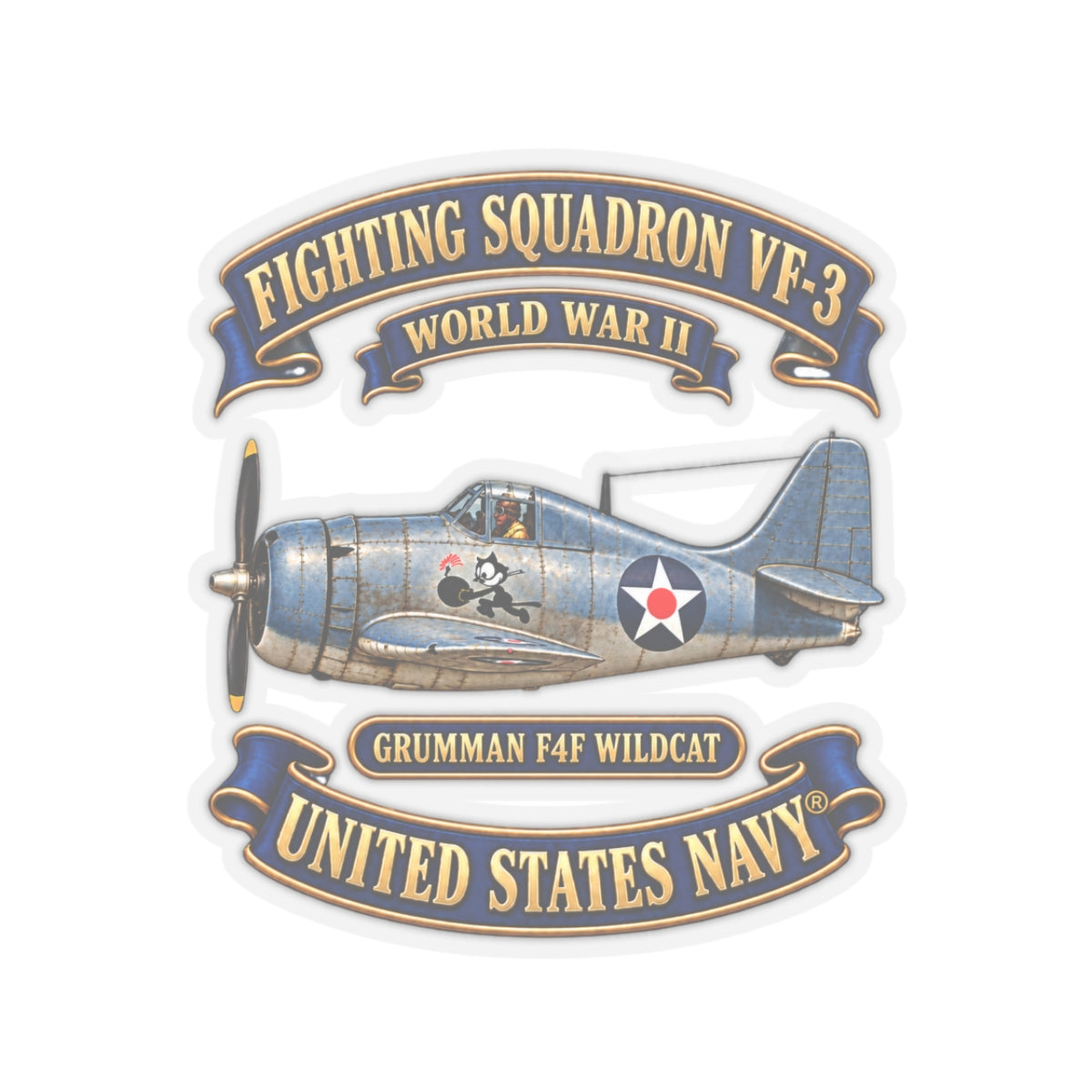 Kiss-Cut Stickers - NAVY - Fighting Squadron - VF 3 - WWII FELIX Insignia - Grumman F4F Wildcat - 3D - Enhanced
