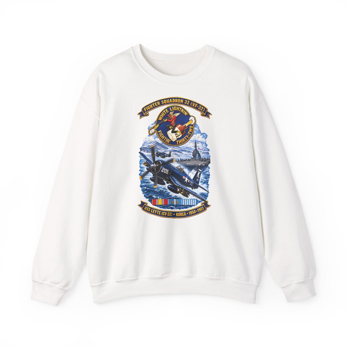 Unisex Heavy Blend™ Crewneck Sweatshirt - NAVY - VF 32  -White Lightnin - Fightin 32 - SSI - USS Leyte (CV32) - F4U-4 Corsair - Korea - 1950-1951- 3D - Enhanced