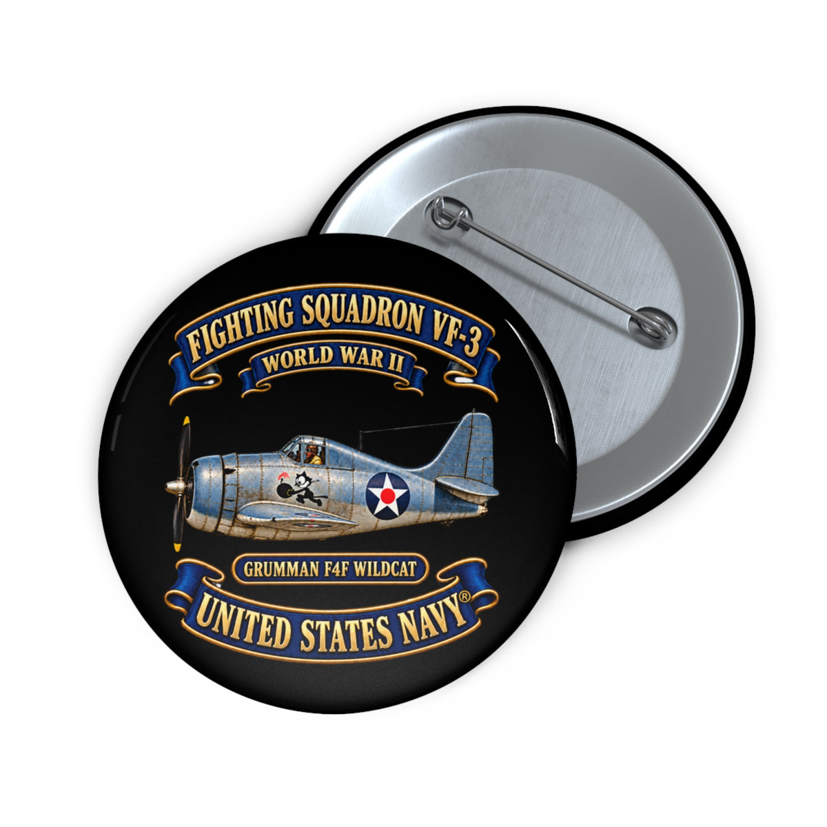 Pin Button - NAVY - Fighting Squadron - VF 3 - WWII FELIX Insignia - Grumman F4F Wildcat - 3D - Enhanced